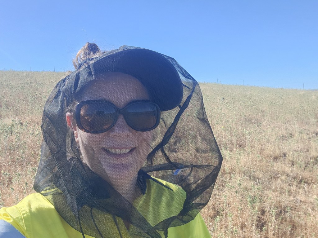 Shelomi Doyle in a paddock conducting threatened species surveys